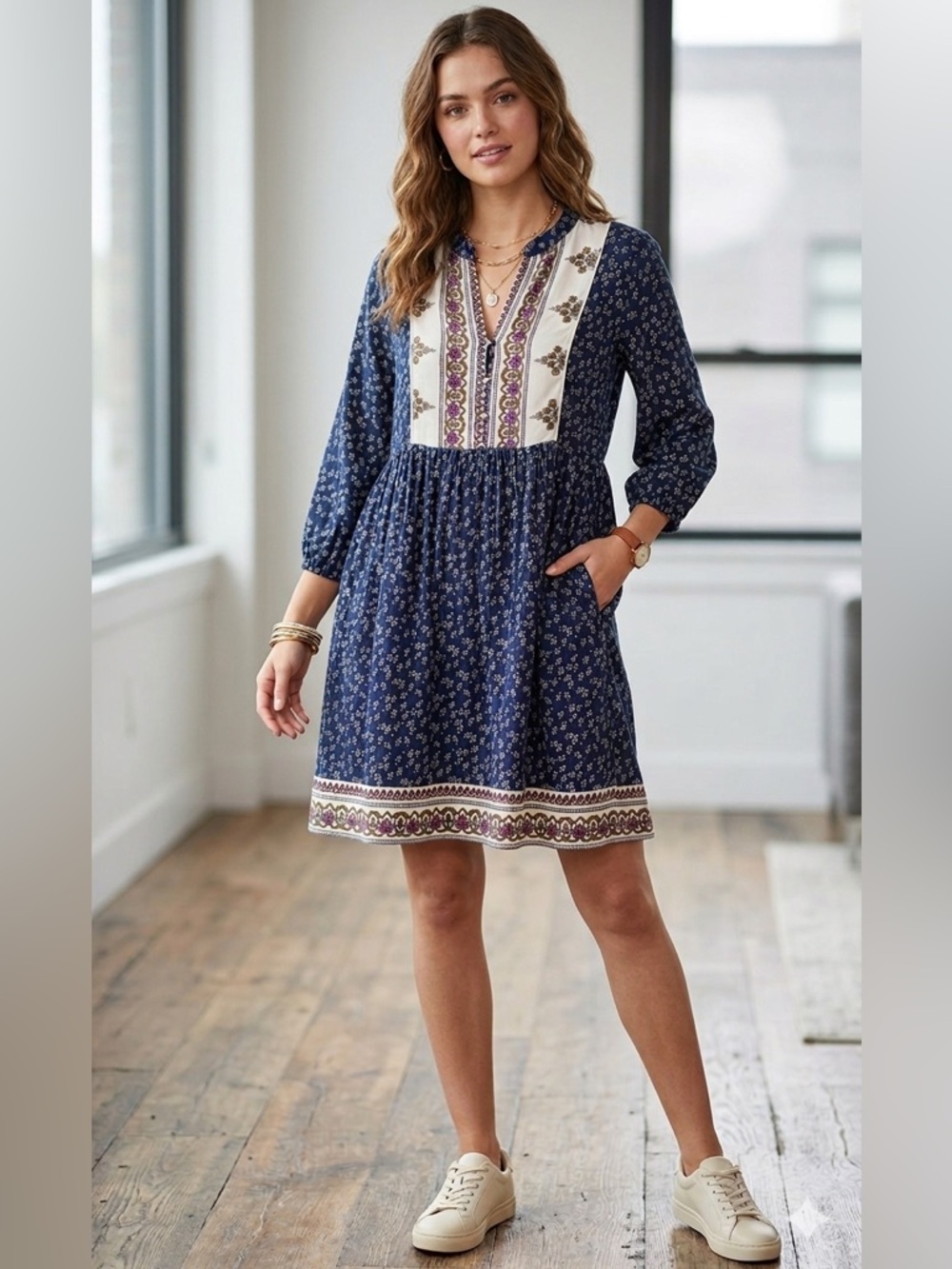 Jodifl Navy Patterned Dress Bib Front, Puff Sleeves, V-Neck Size M Boho Floral